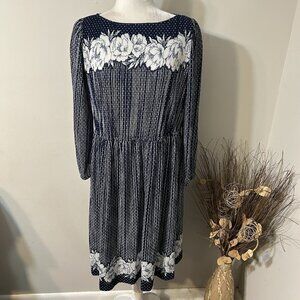 Vtg Sally Petite Teal Dress Fit & Flare Blue Floral Striped Polka Dot Sz 12 Flaw